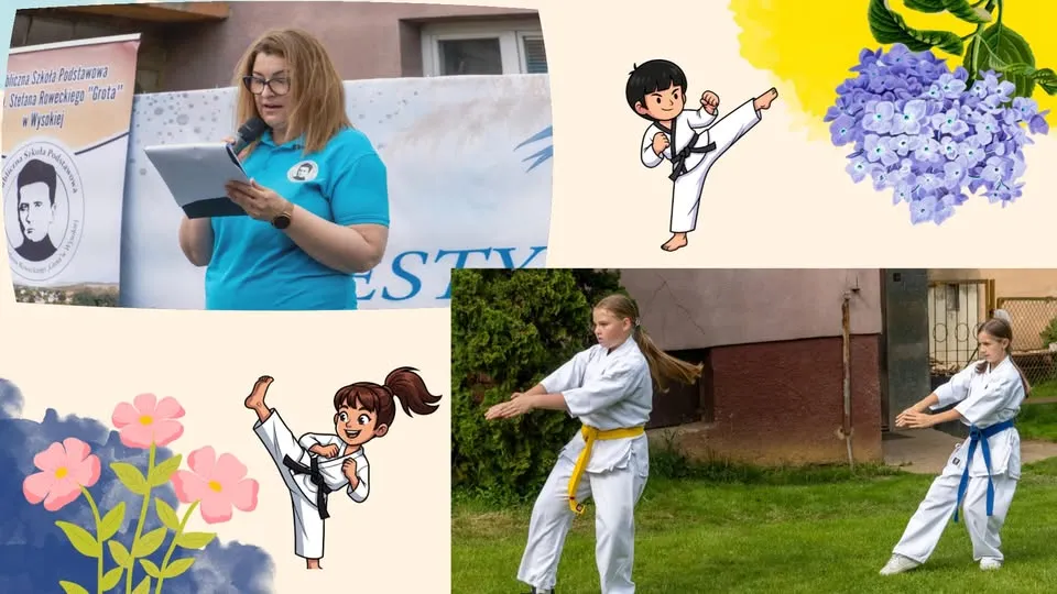 Kolaż: Pani Dyrektor przemawia przez mikrofon, dwie uczennice w strojach karate wykonują układ na trawie