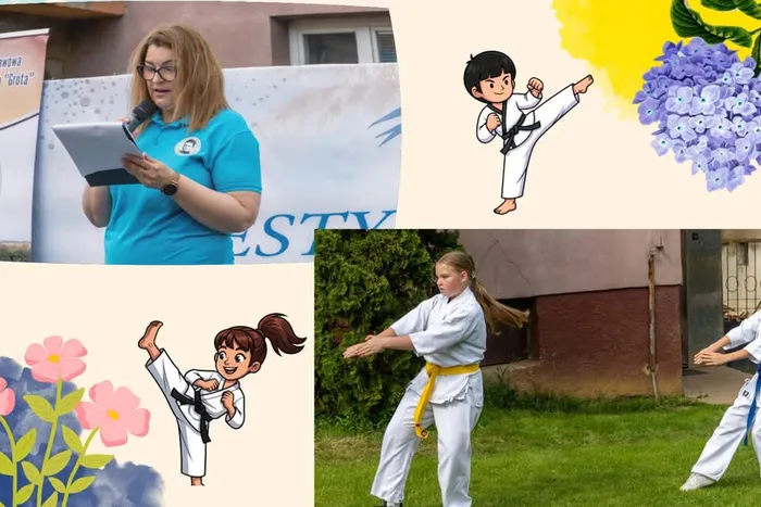 Pani Dyrektor przemawia; uczennice prezentują karate podczas festynu
